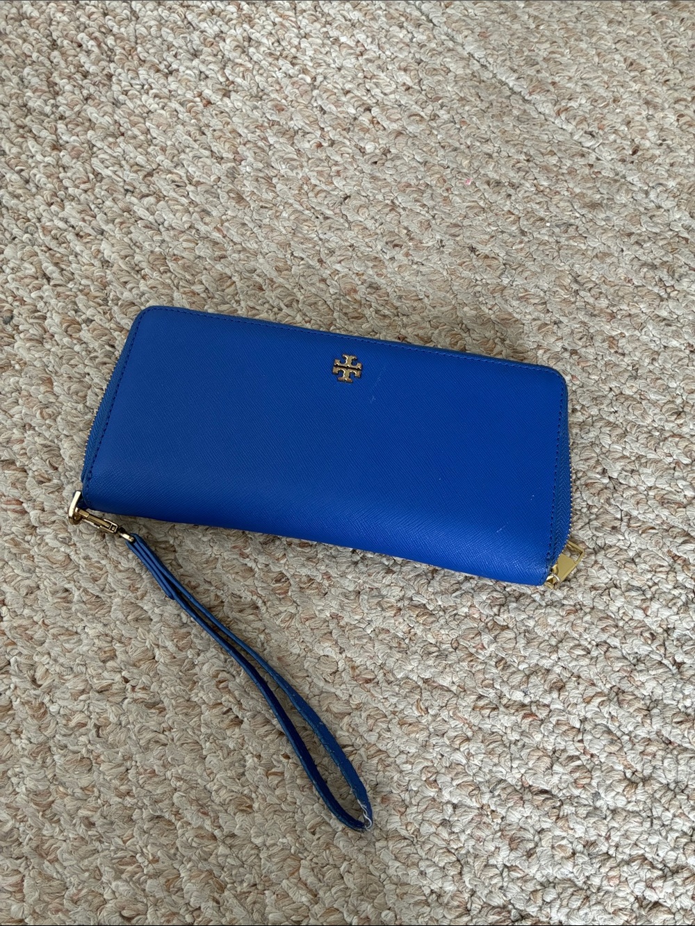 Tory Burch Cobalt Blue Zip Wristlet with Gold Logo